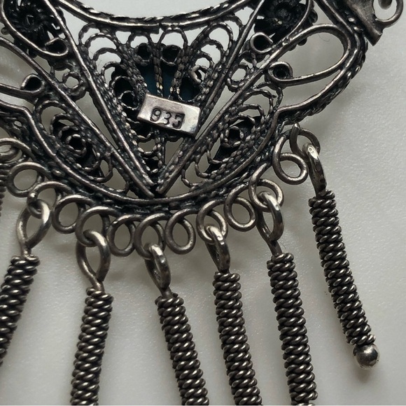 TURQUOISE & 835 Silver Filigree Tassels Necklace Vintage 16” + 1” Drop - Picture 4 of 6